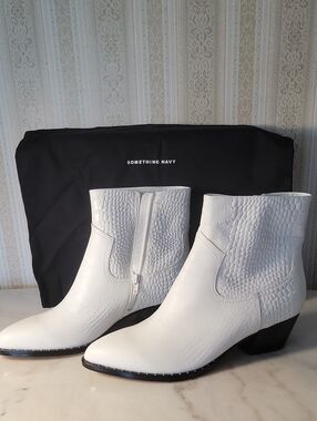 Something Navy White Croc-Embossed Pointed Ankle Booties